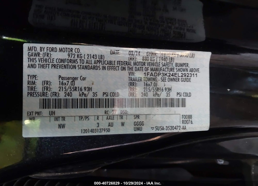 2014 FORD FOCUS SE VIN: 1FADP3K24EL292311