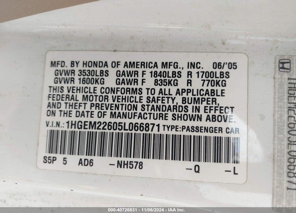 2005 HONDA CIVIC LX VIN: 1HGEM22605L066871