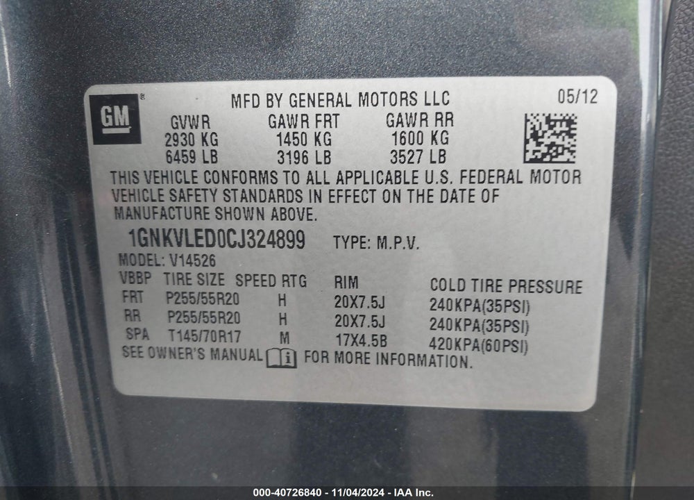 2012 CHEVROLET TRAVERSE LTZ VIN: 1GNKVLED0CJ324899