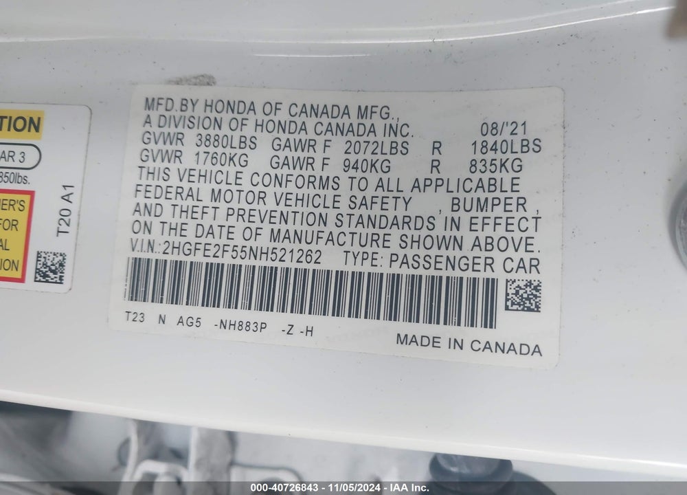 2022 HONDA CIVIC SPORT VIN: 2HGFE2F55NH521262