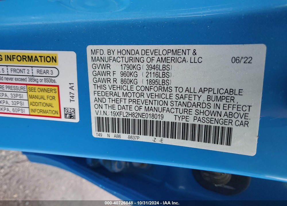 2022 HONDA CIVIC SPORT VIN: 19XFL2H82NE018019