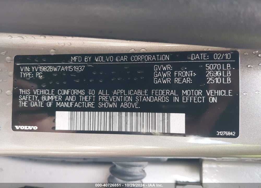2010 VOLVO V70 3.2/3.2 (RETAIL ONLY)/3.2 R-DESIGN VIN: YV1982BW7A1151937