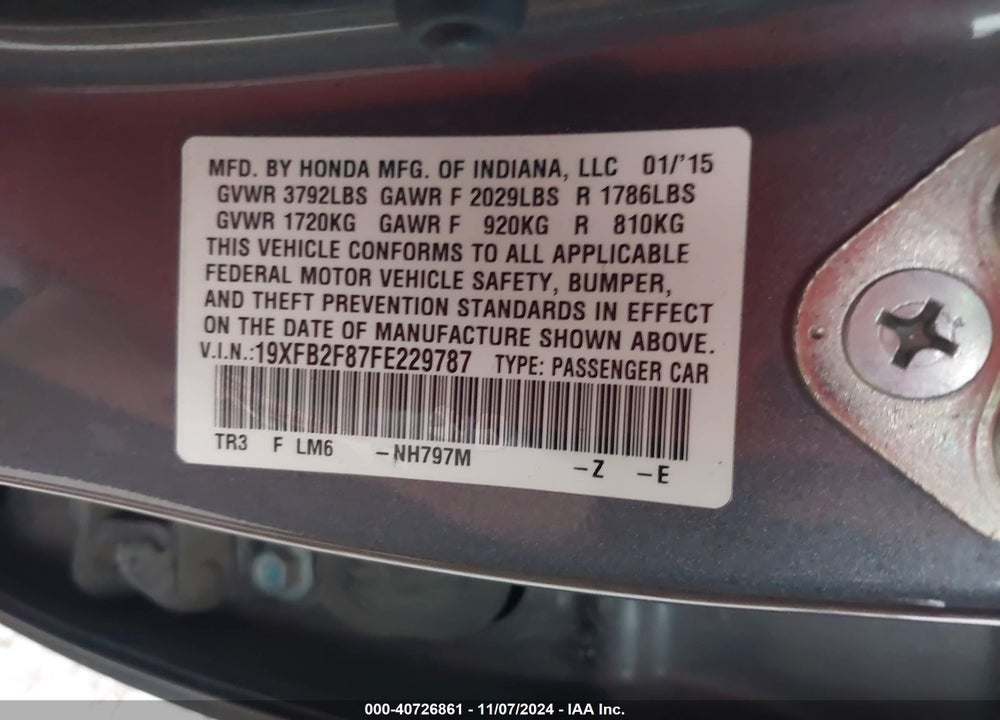 2015 HONDA CIVIC EX VIN: 19XFB2F87FE229787