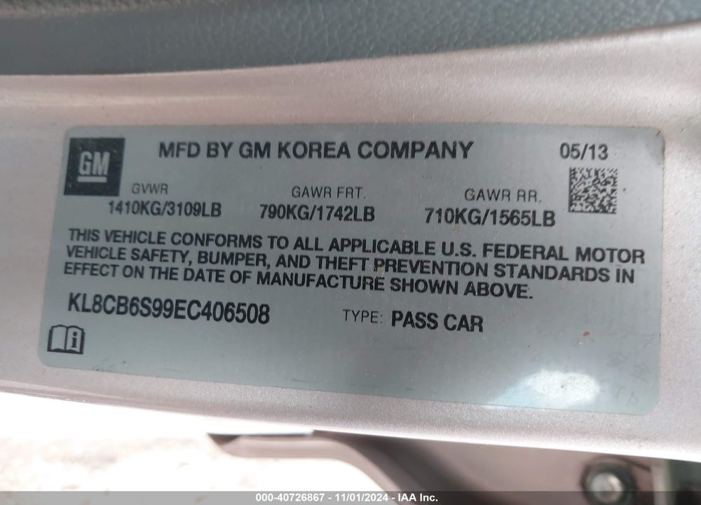 2014 CHEVROLET SPARK LS AUTO VIN: KL8CB6S99EC406508
