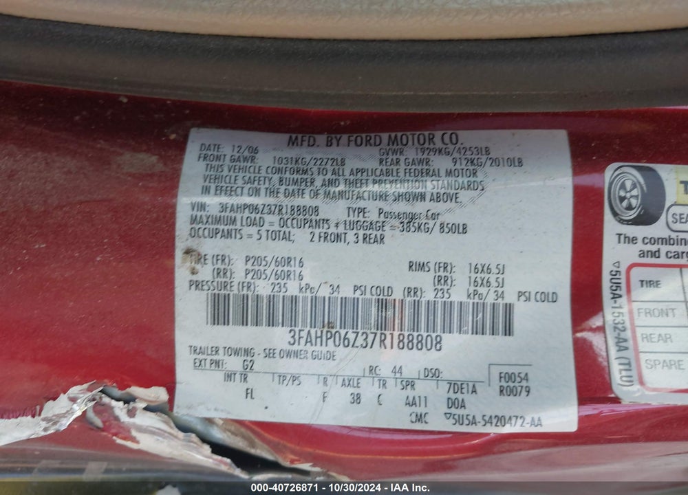 2007 FORD FUSION S VIN: 3FAHP06Z37R188808