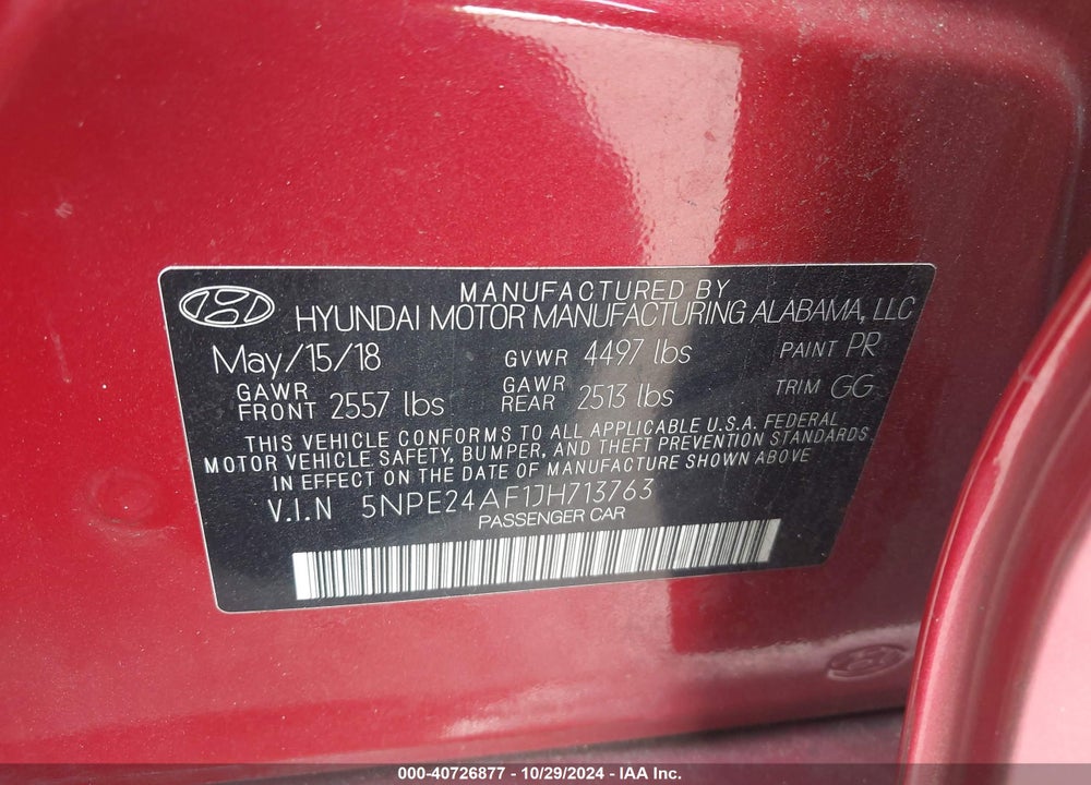 2018 HYUNDAI SONATA SE VIN: 5NPE24AF1JH713763