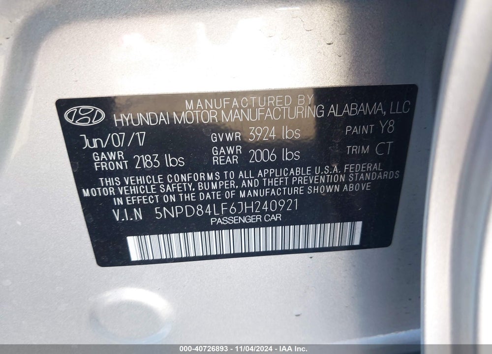 2018 HYUNDAI ELANTRA SEL VIN: 5NPD84LF6JH240921