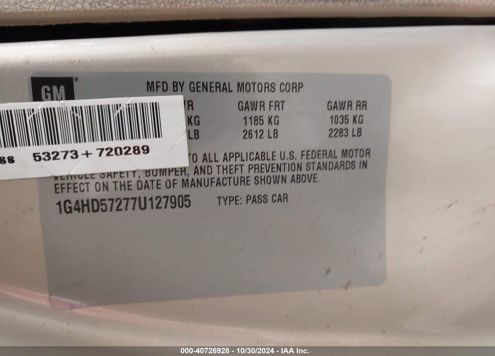 2007 BUICK LUCERNE CXL VIN: 1G4HD57277U127905