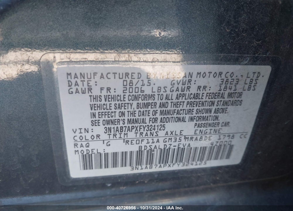 2015 NISSAN SENTRA SV VIN: 3N1AB7APXFY324125