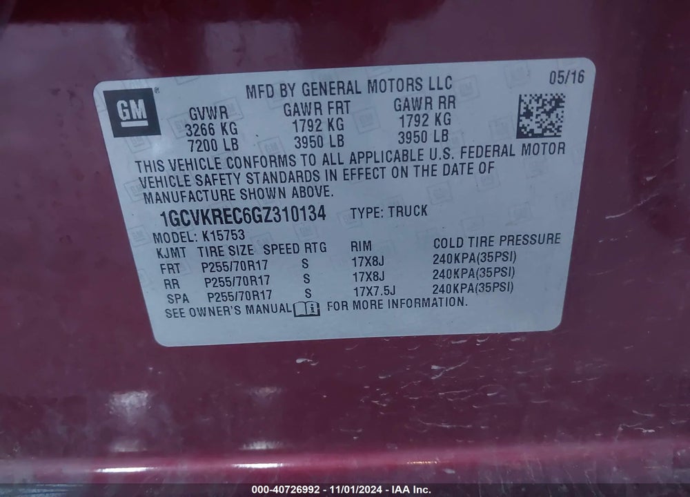 2016 CHEVROLET SILVERADO 1500 1LT VIN: 1GCVKREC6GZ310134