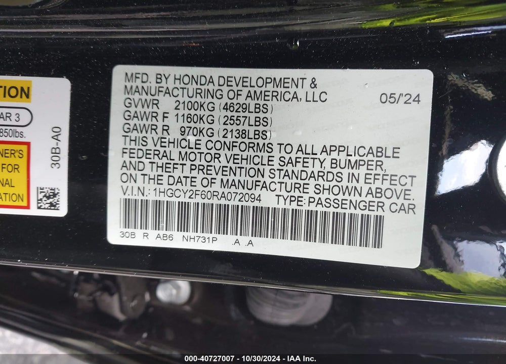 2024 HONDA ACCORD VIN: 1HGCY2F60RA072094