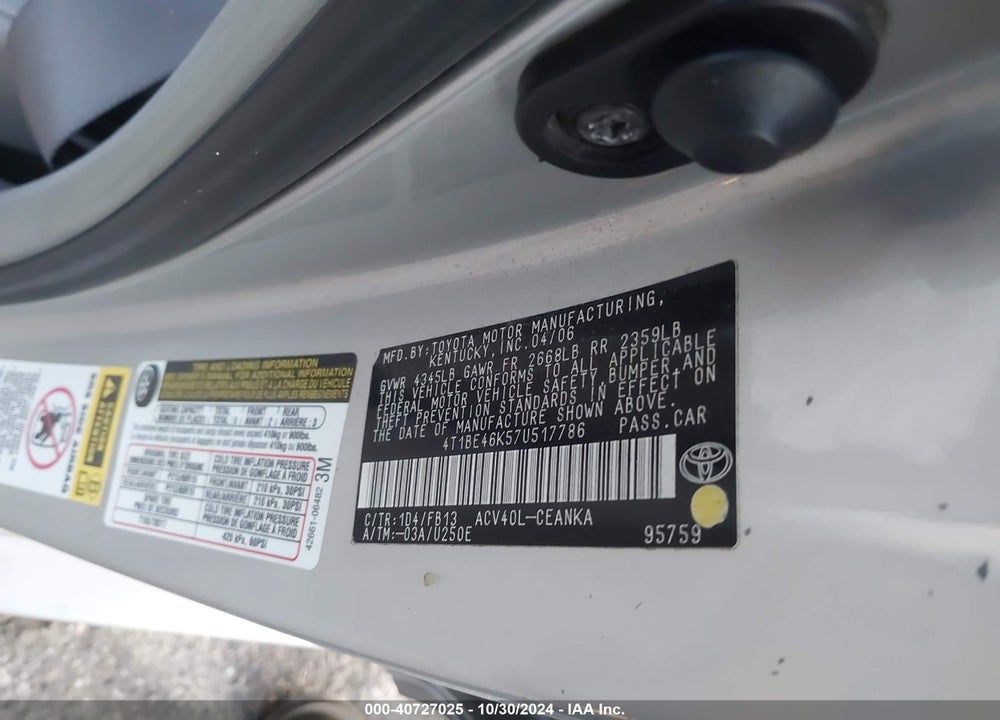 2007 TOYOTA CAMRY LE VIN: 4T1BE46K57U517786