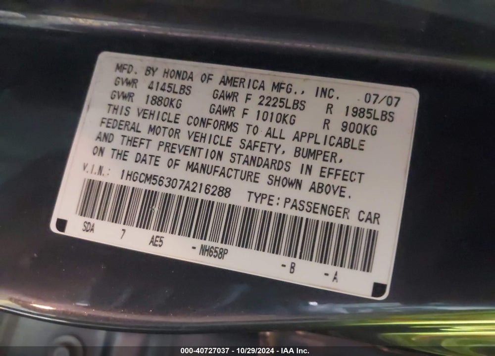2007 HONDA ACCORD 2.4 SE VIN: 1HGCM56307A216288