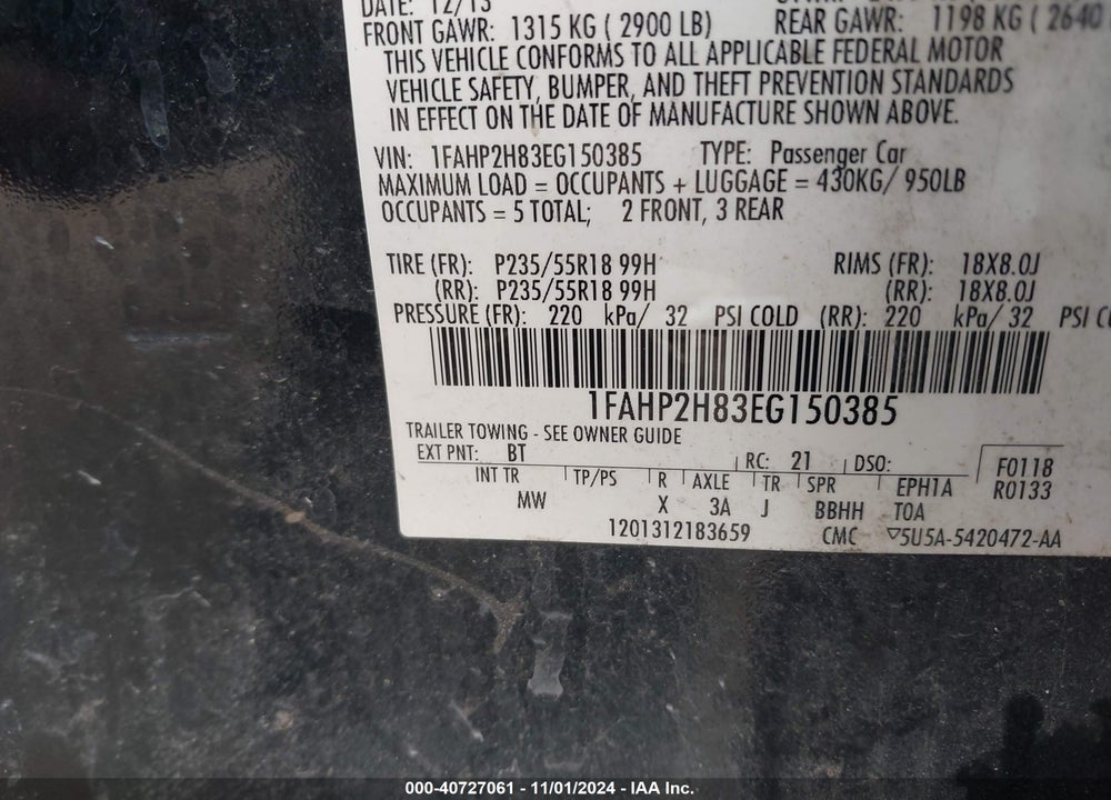 2014 FORD TAURUS SEL VIN: 1FAHP2H83EG150385