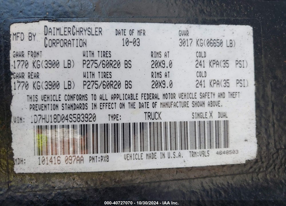 2004 DODGE RAM 1500 SLT VIN: 1D7HU18D04S583920