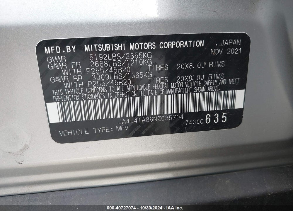 2022 MITSUBISHI OUTLANDER ES 2.5 VIN: JA4J4TA86NZ035704