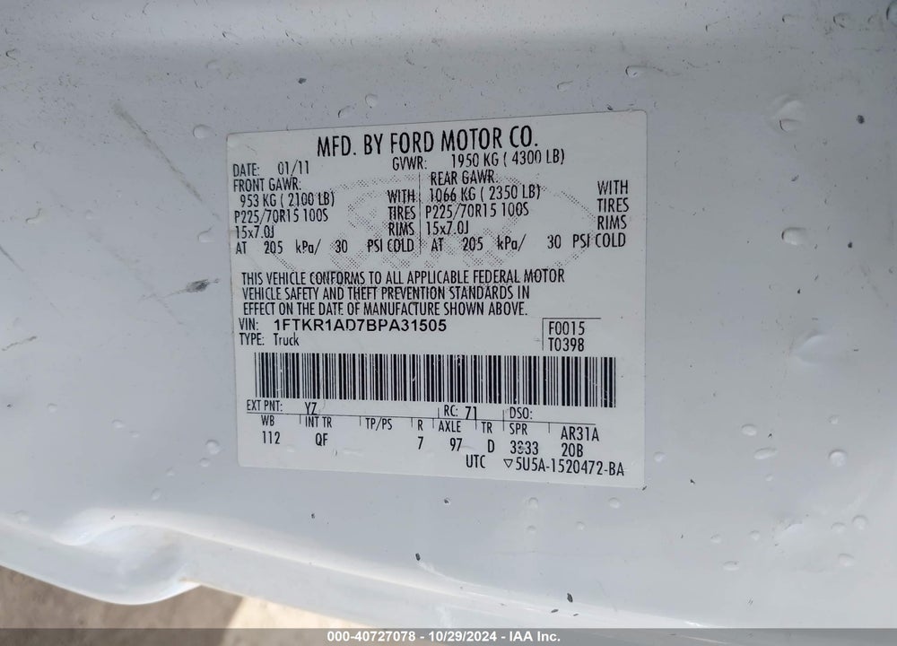2011 FORD RANGER XL VIN: 1FTKR1AD7BPA31505