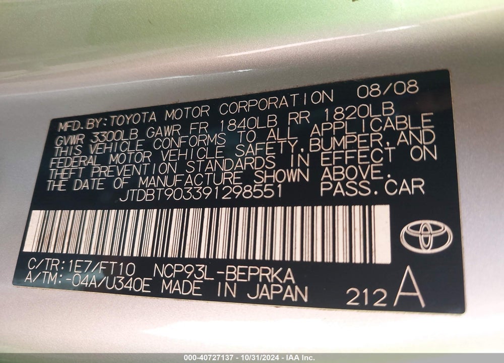 2009 TOYOTA YARIS S VIN: JTDBT903391298551