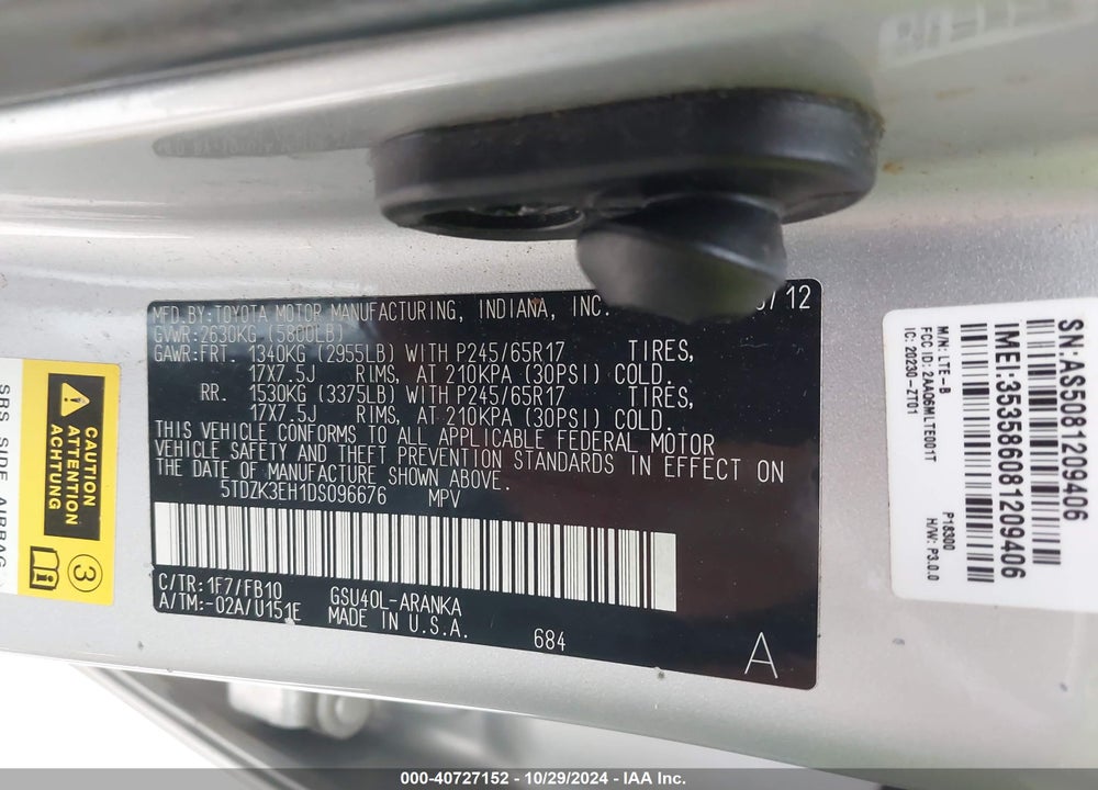 2013 TOYOTA HIGHLANDER BASE V6 VIN: 5TDZK3EH1DS096676