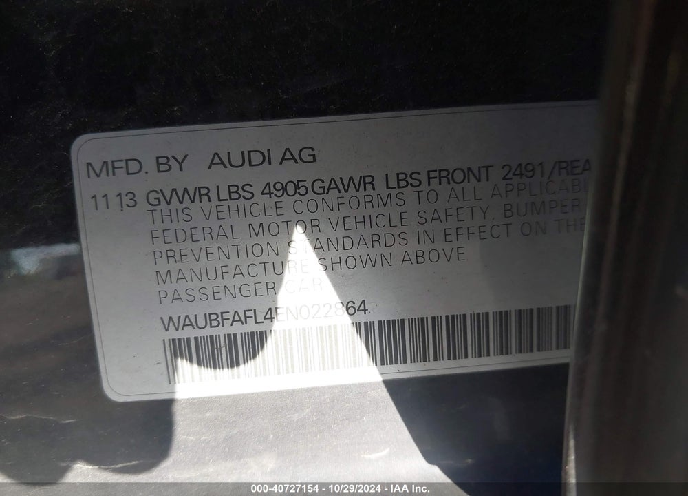 2014 AUDI A4 2.0T PREMIUM VIN: WAUBFAFL4EN022864