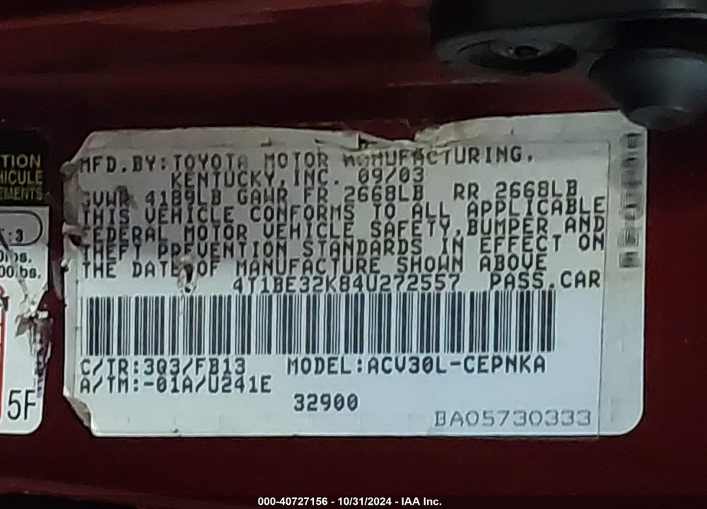 2004 TOYOTA CAMRY LE VIN: 4T1BE32K84U272557