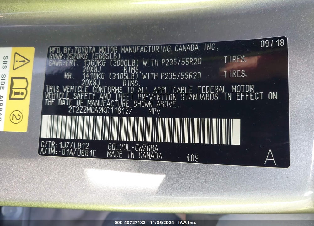 2019 LEXUS RX 350 VIN: 2T2ZZMCA2KC118127