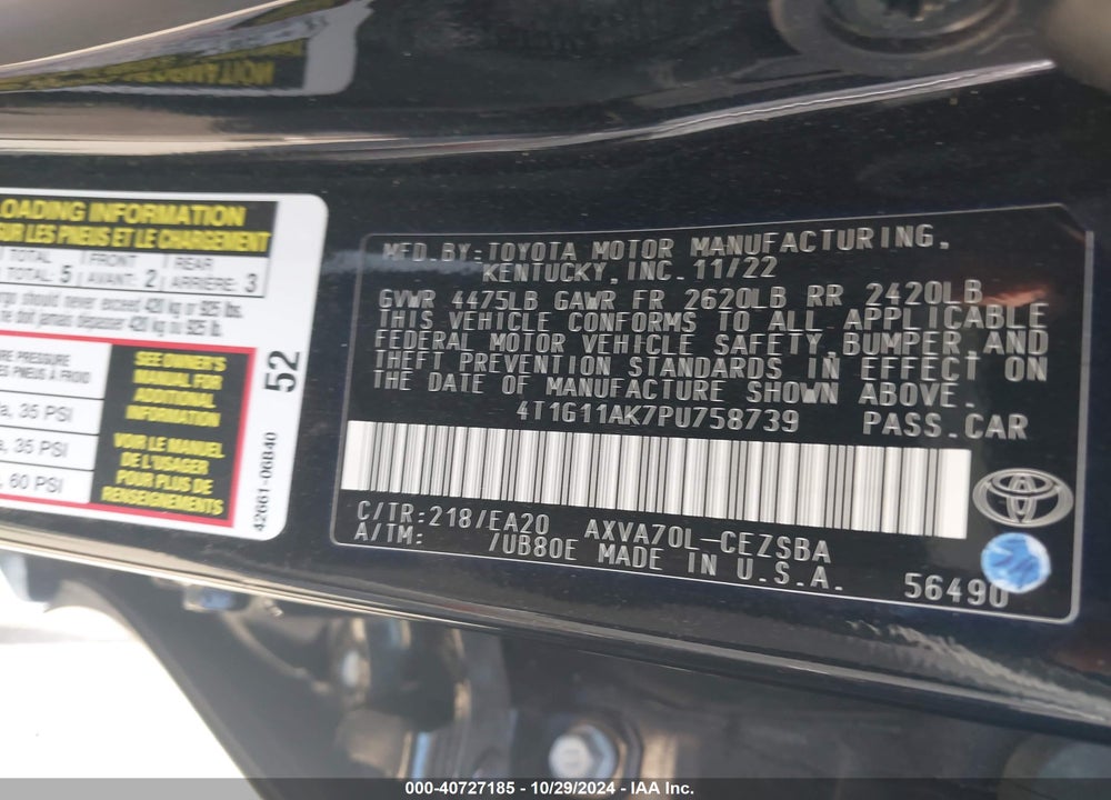 2023 TOYOTA CAMRY SE VIN: 4T1G11AK7PU758739