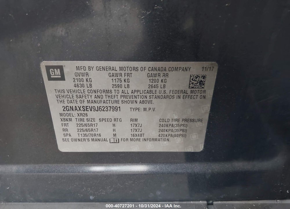 2018 CHEVROLET EQUINOX LT VIN: 2GNAXSEV9J6237991