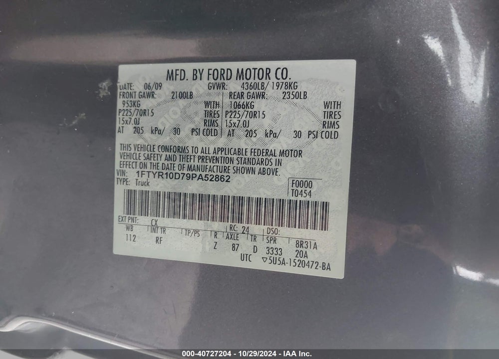 2009 FORD RANGER SPORT/XL/XLT VIN: 1FTYR10D79PA52862