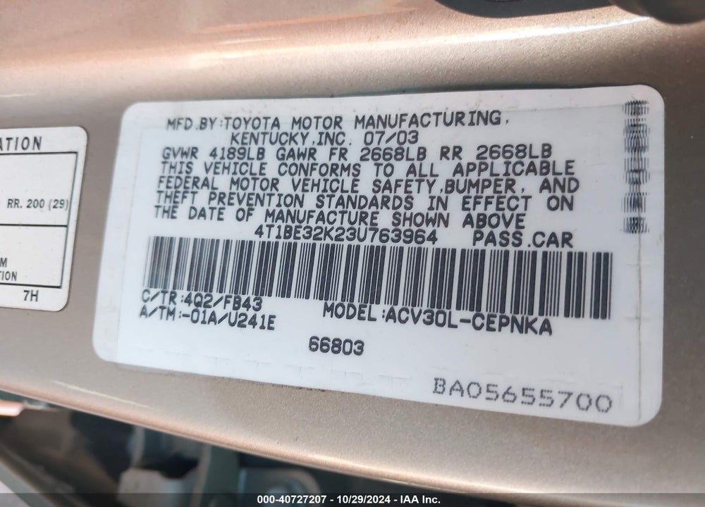 2003 TOYOTA CAMRY LE VIN: 4T1BE32K23U763964