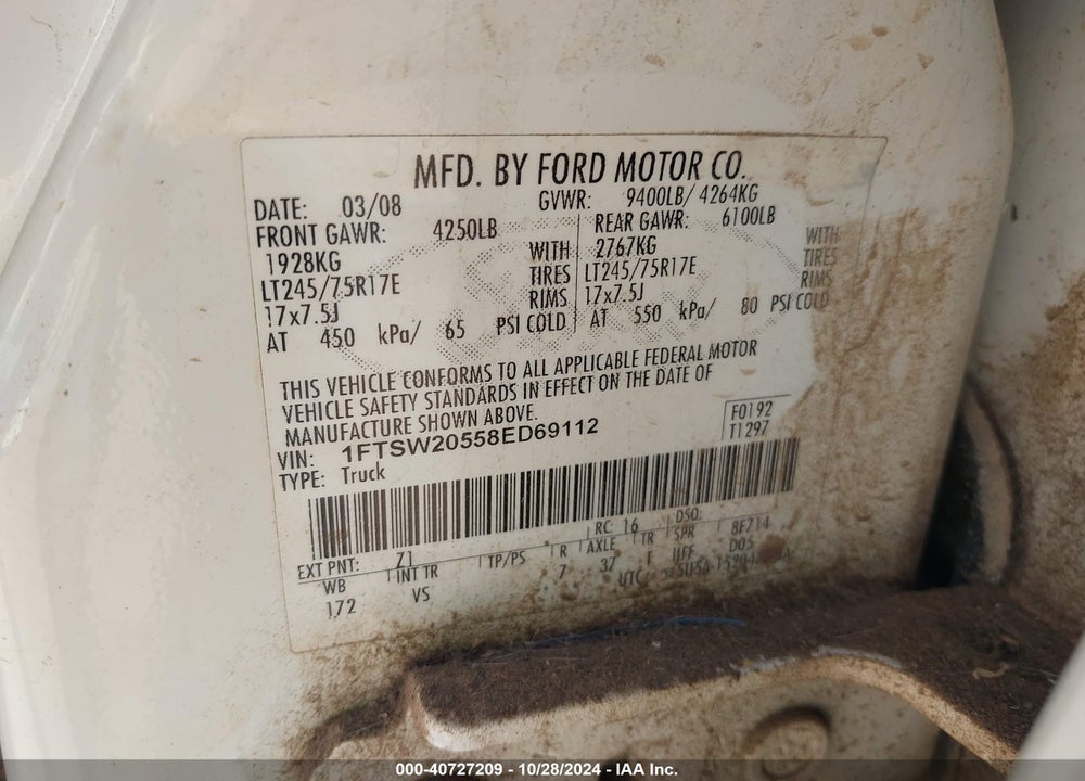 2008 FORD F-250 KING RANCH/LARIAT/XL/XLT VIN: 1FTSW20558ED69112