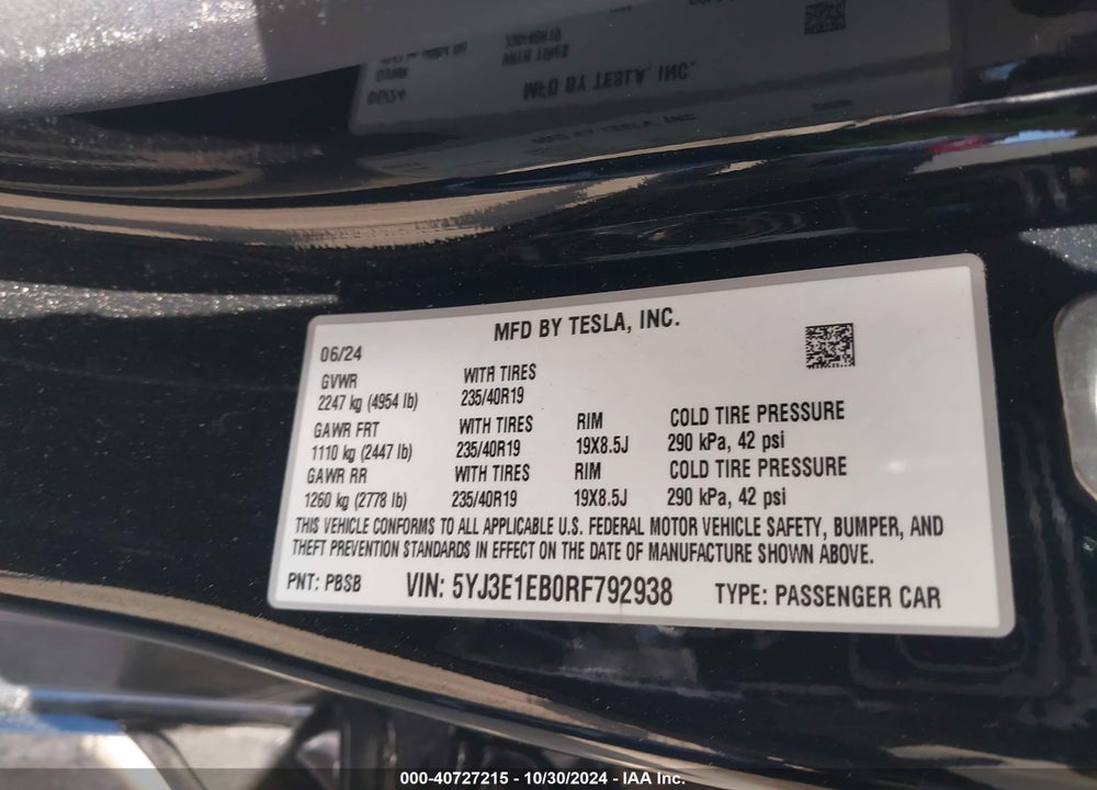 2024 TESLA MODEL 3 VIN: 5YJ3E1EB0RF792938