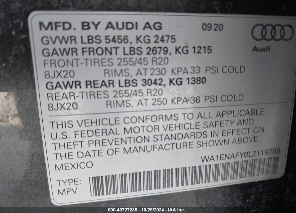 2020 AUDI Q5 TITANIUM PREMIUM PLUS 45 TFSI QUATTRO S TRONIC VIN: WA1ENAFY0L2119289