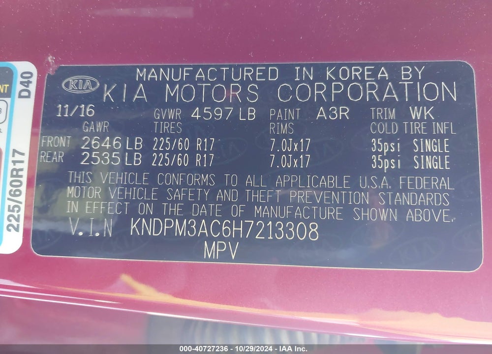 2017 KIA SPORTAGE LX VIN: KNDPM3AC6H7213308
