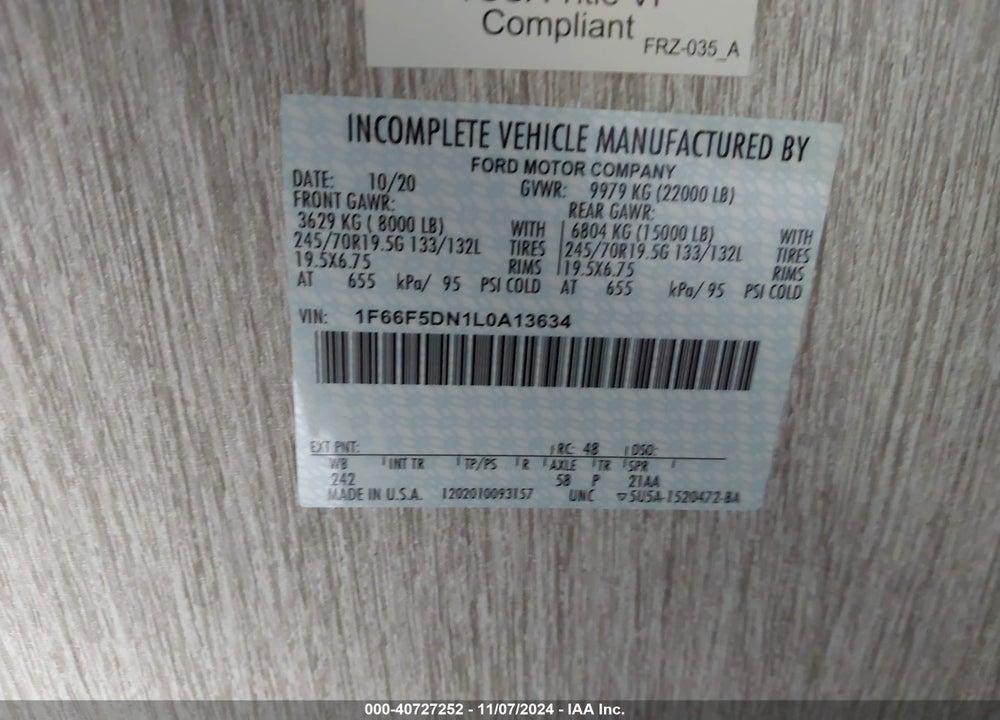 2020 FORD F53 COACHMEN MIRADA MOTOR HOME VIN: 1F66F5DN1L0A13634