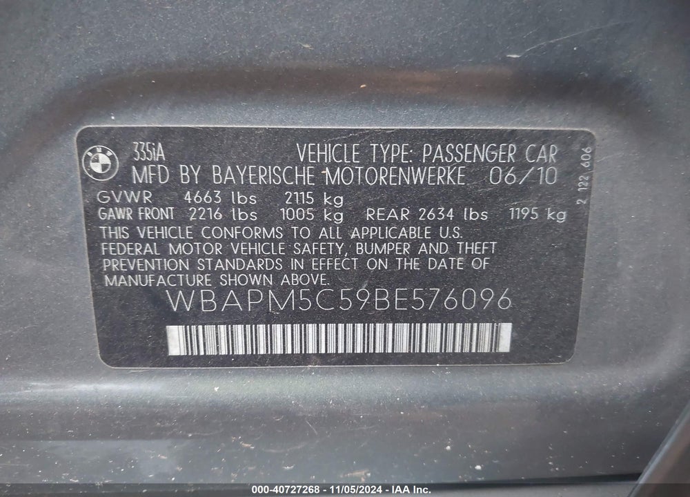 2011 BMW 335I VIN: WBAPM5C59BE576096