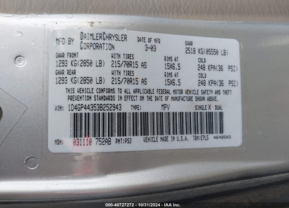 2003 DODGE GRAND CARAVAN SPORT VIN: 1D4GP44353B252943