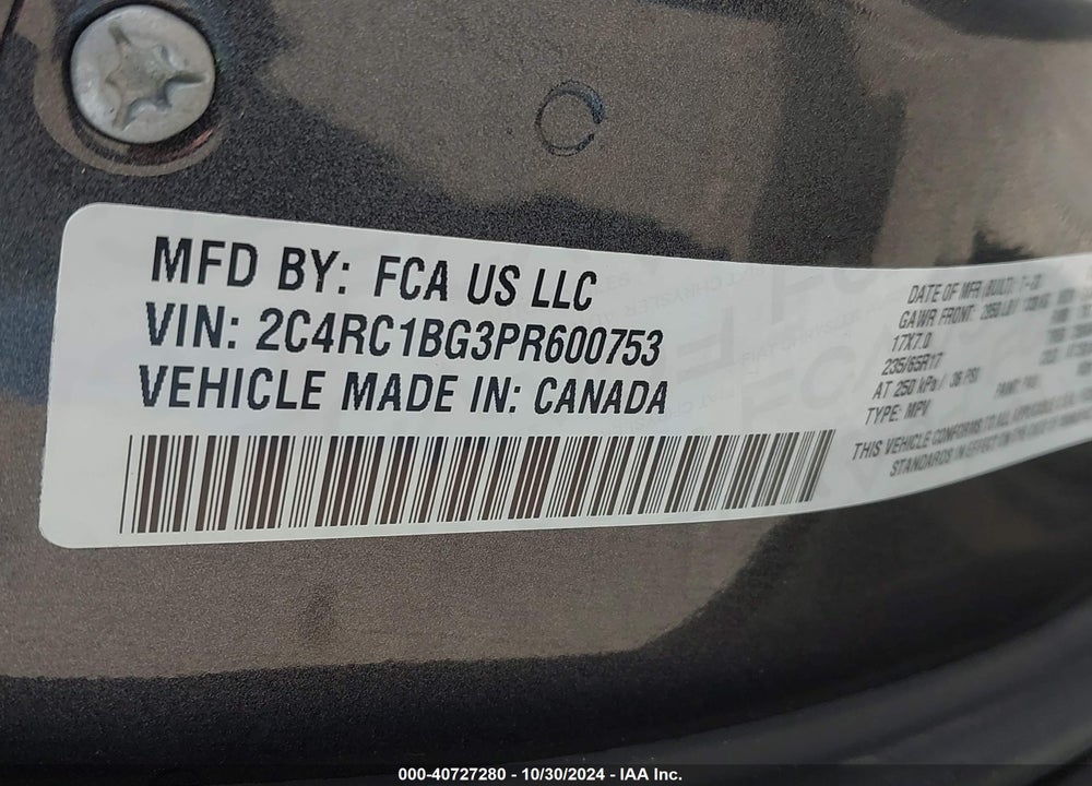 2023 CHRYSLER PACIFICA TOURING L VIN: 2C4RC1BG3PR600753