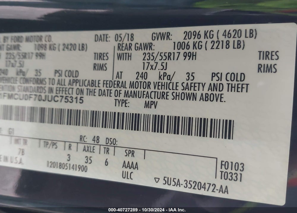 2018 FORD ESCAPE VIN: 1FMCU0F70JUC75315