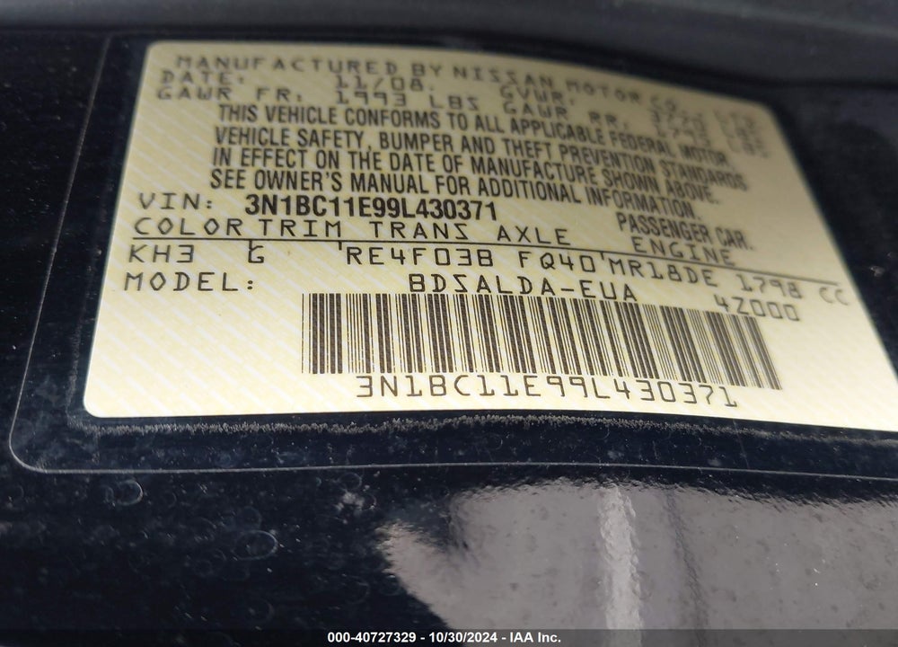 2009 NISSAN VERSA 1.8 S VIN: 3N1BC11E99L430371