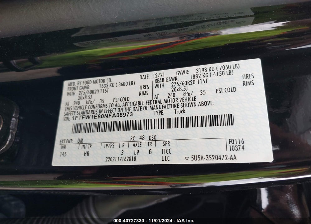 2022 FORD F-150 LARIAT VIN: 1FTFW1E80NFA08973