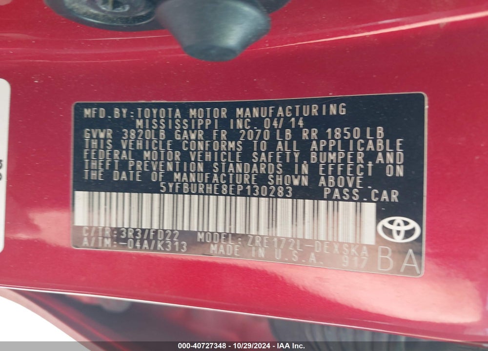 2014 TOYOTA COROLLA S VIN: 5YFBURHE8EP130283
