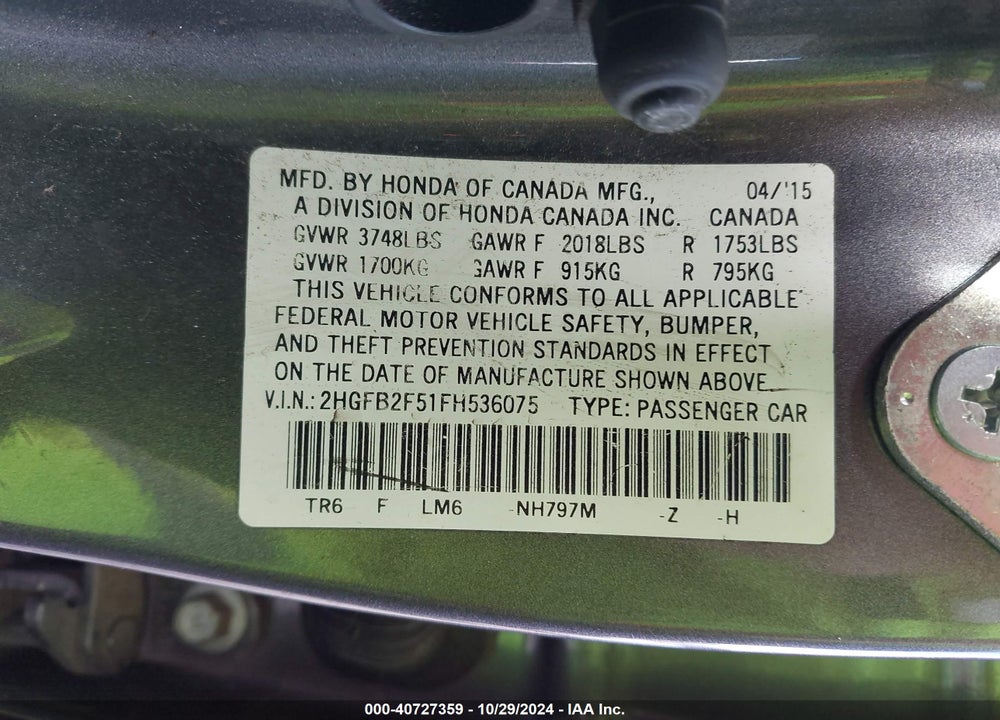 2015 HONDA CIVIC LX VIN: 2HGFB2F51FH536075