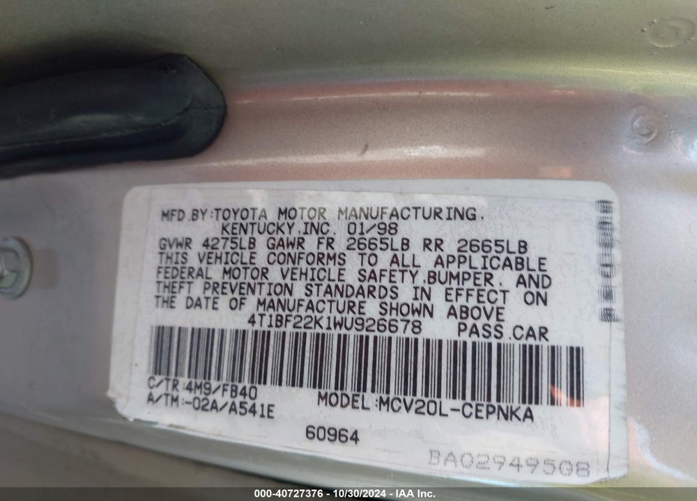 1998 TOYOTA CAMRY LE V6 VIN: 4T1BF22K1WU926678