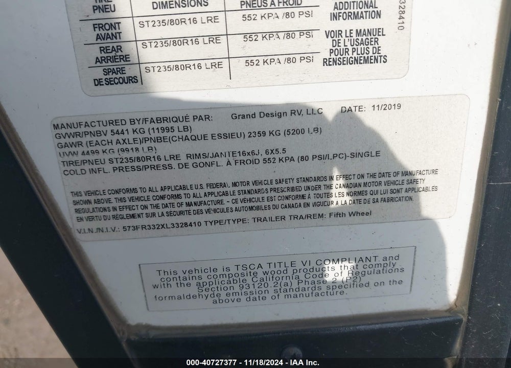 2020 GRAND DESI REFLECTION 303RLS VIN: 573FR332XL3328410