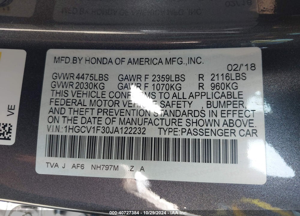 2018 HONDA ACCORD SPORT VIN: 1HGCV1F30JA122232