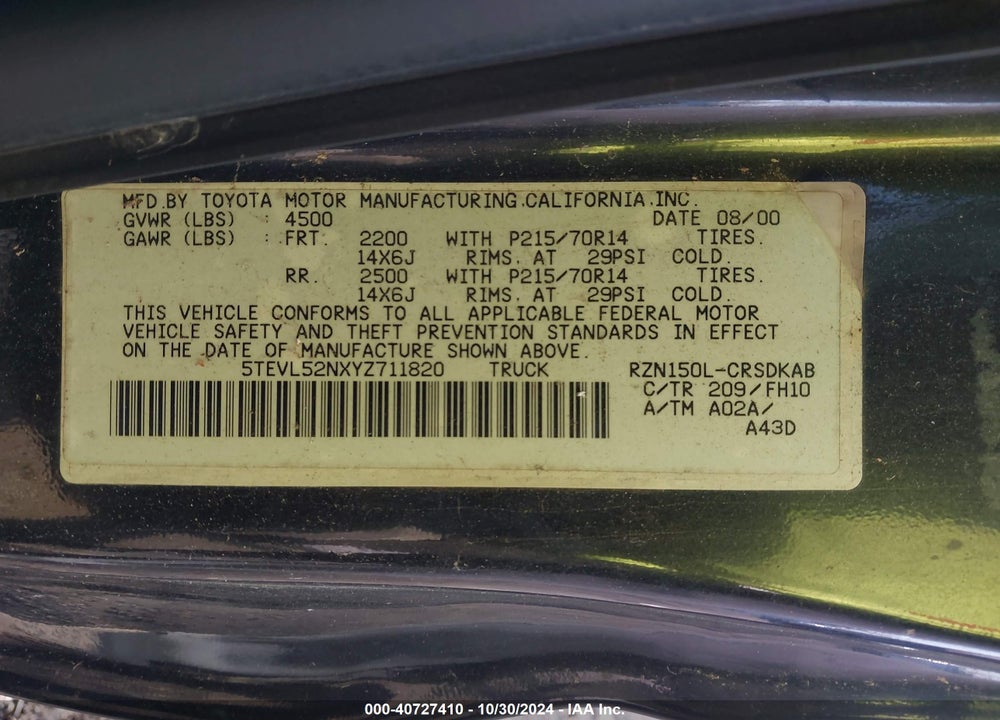 2000 TOYOTA TACOMA VIN: 5TEVL52NXYZ711820