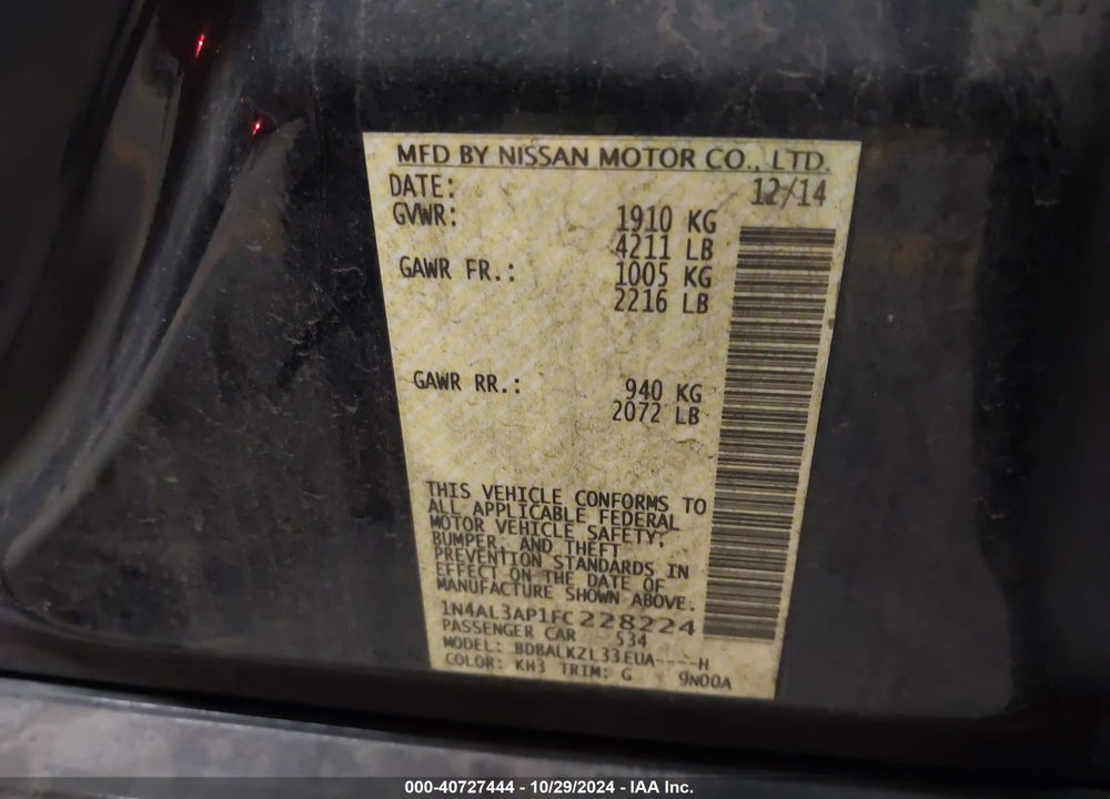 2015 NISSAN ALTIMA 2.5 SV VIN: 1N4AL3AP1FC228224