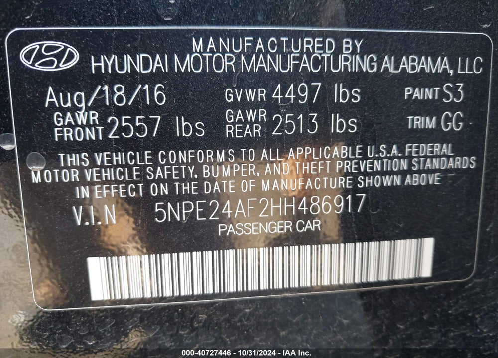 2017 HYUNDAI SONATA SE VIN: 5NPE24AF2HH486917