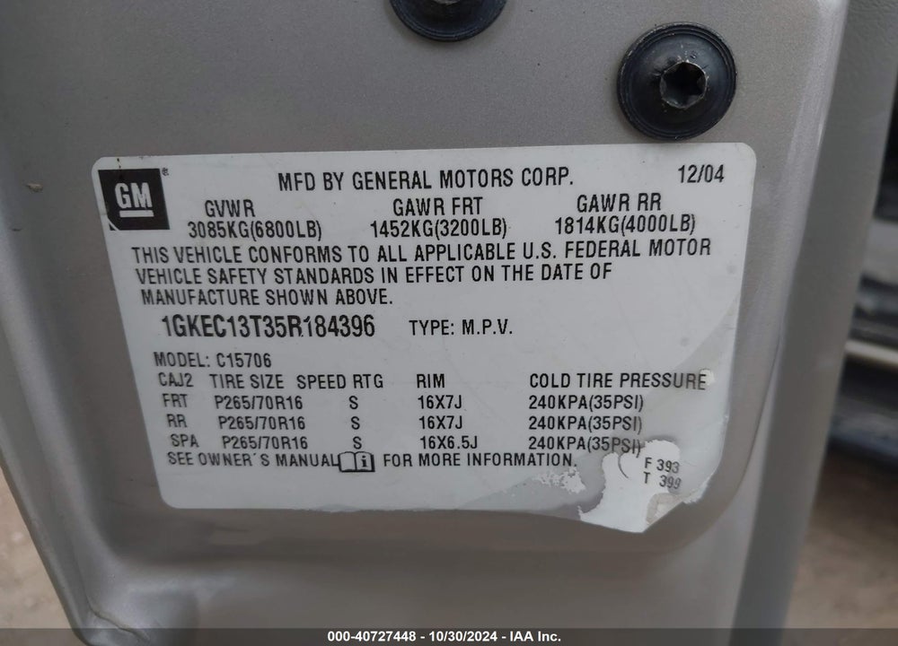 2005 GMC YUKON SLE VIN: 1GKEC13T35R184396